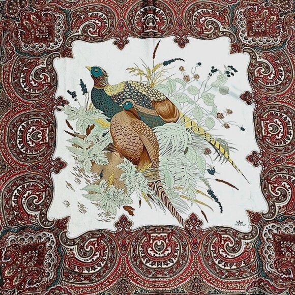 NWT Silk King 100% Silk Paisley Pheasant Bird Print Square Scarf 40" x 40"